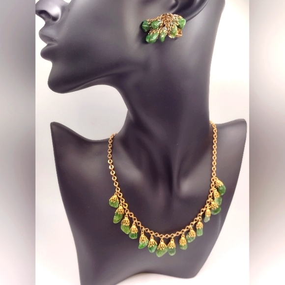 Jewelry - Vintage 1961 Genuine Jade and 10k Gold Plated Necklace and Earrings Set